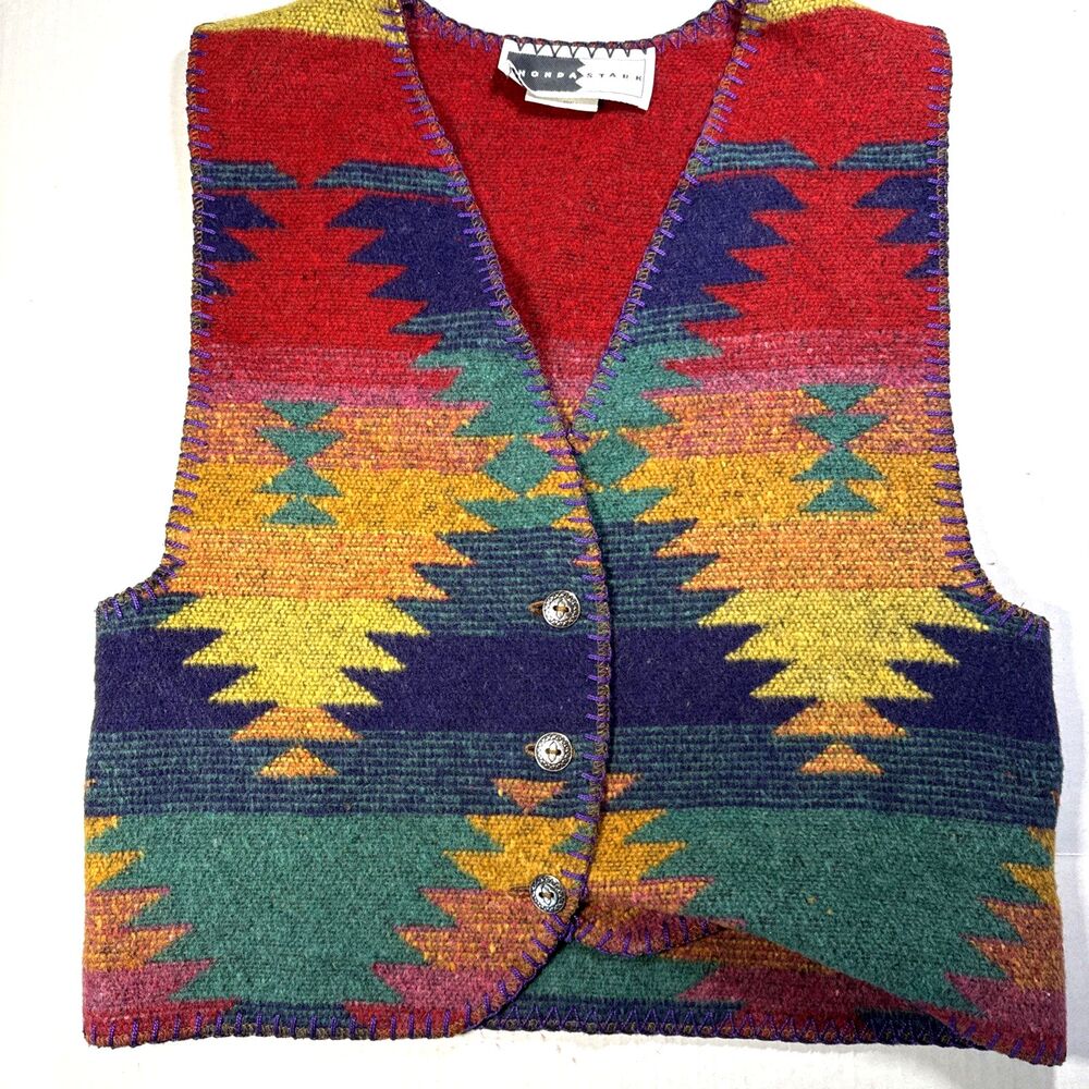 Vtg Rhonda Stark Southwestern Aztec Blanket Vest Sz S Concho Buttons Made in USA